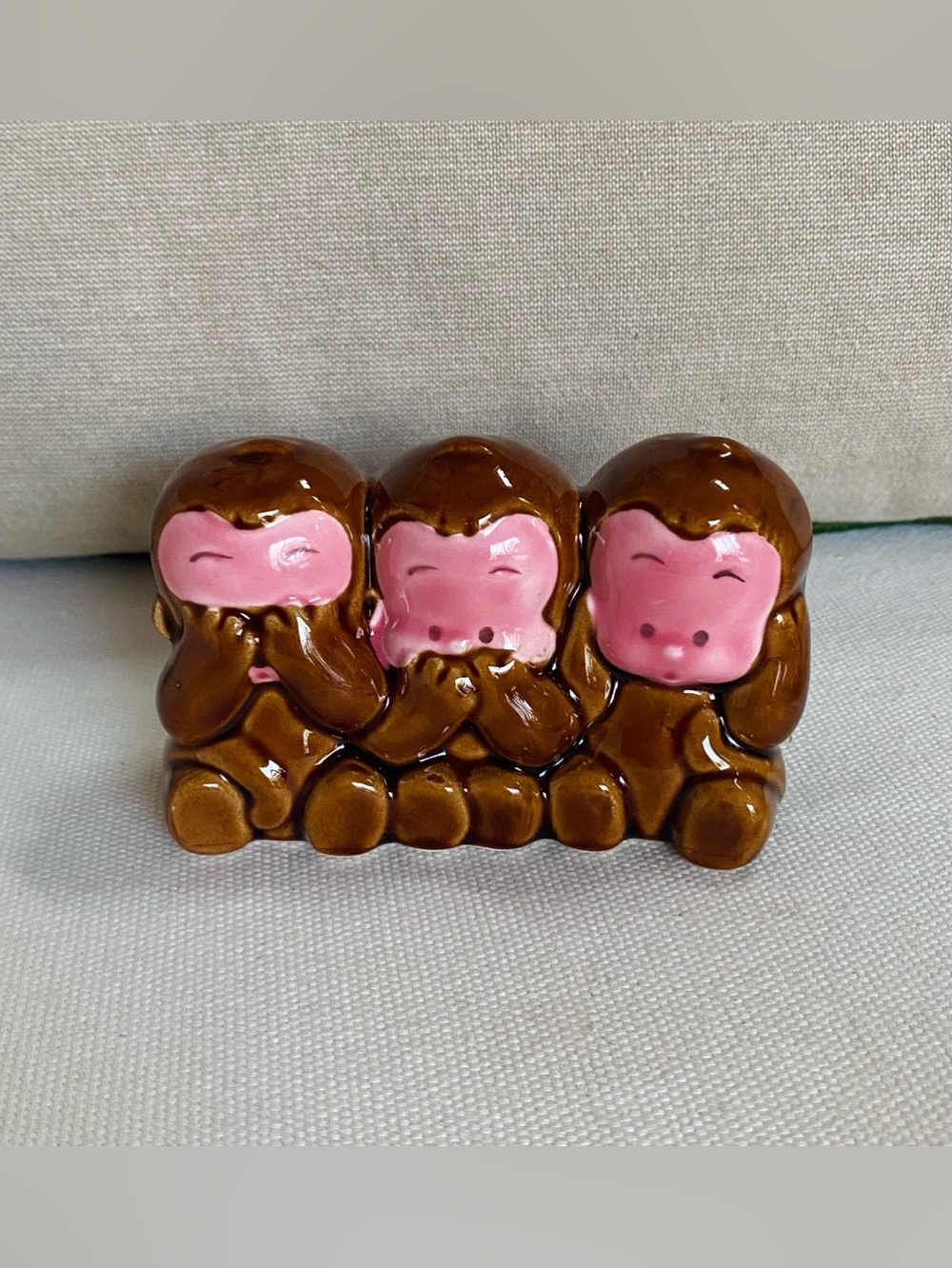VTG Three Wise Monkeys Ceramic Coin Bank Japan Mid Century Retro Kitschy MCM